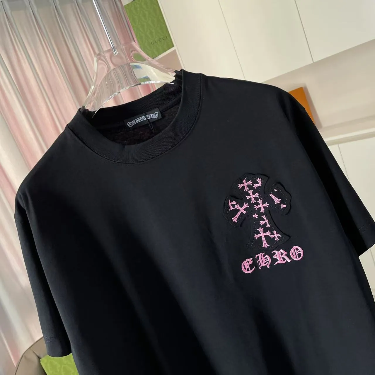 🅿️200 ch Cro* 2025 spring and summer new style Sanskrit horseshoe cross laser patch embroidery short-sleeved t-shirt custom fabric 300g same style for men and women Size: S M L XL XXL Five codes Color: black white
